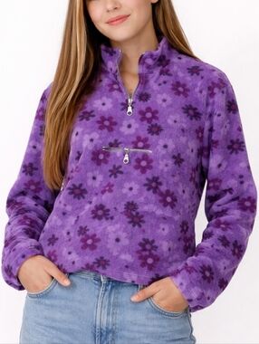 Cherokee Girls XL Purple Floral Fleece Quarter Zip Pullover Cozy Soft Sweater
